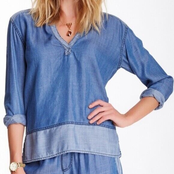 Michael Stars Top Blue Chambray Denim V Neck Long Sleeve - Picture 2 of 10